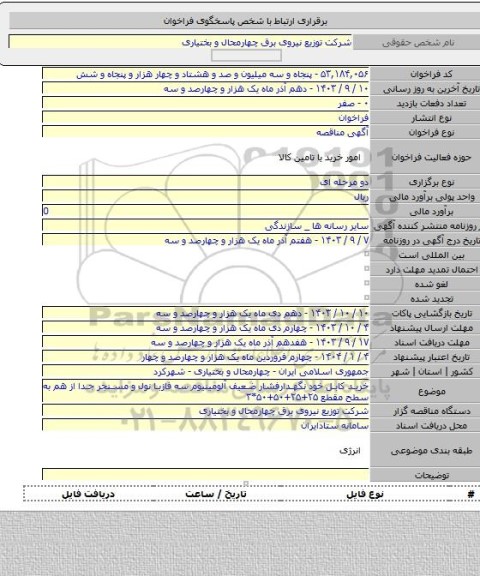 مناقصه, خرید کابل خود نگهدارفشار ضعیف آلومینیوم سه فازبا نول و مسنجر جدا از هم به سطح مقطع ۲۵+۲۵+۵۰+۵۰*۳