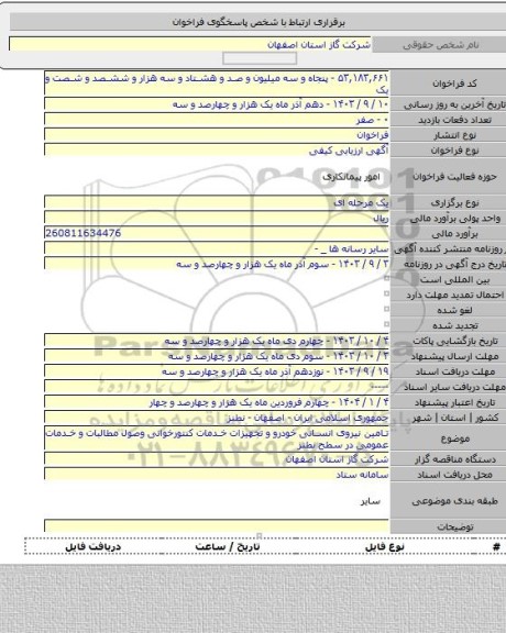 مناقصه, تامین نیروی انسانی خودرو و تجهیزات خدمات کنتورخوانی وصول مطالبات و خدمات عمومی در سطح نطنز