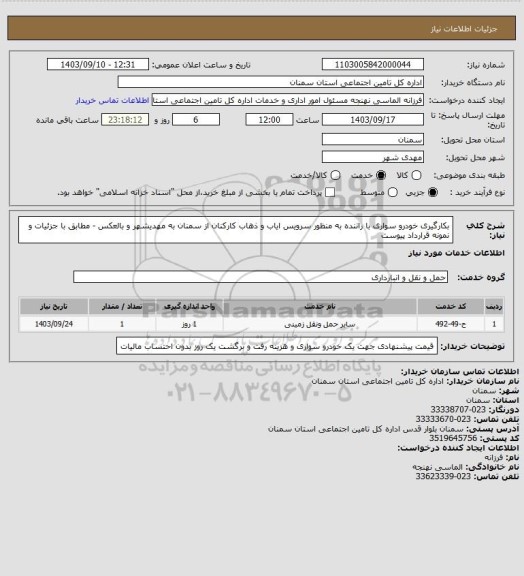 استعلام بکارگیری خودرو سواری با راننده به منظور سرویس ایاب و ذهاب کارکنان از سمنان به مهدیشهر و بالعکس - مطابق با جزئیات و نمونه قرارداد پیوست