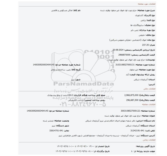 مزایده، حراج نوبت اول اموال غیر منقول توقیف شده