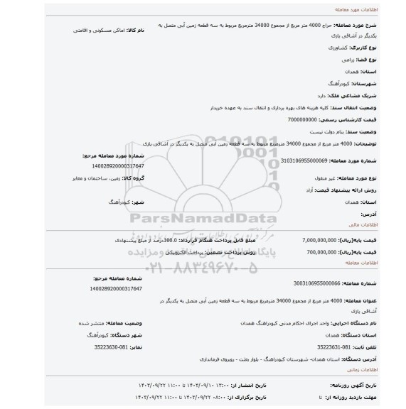 مزایده، 4000 متر مربع از مجموع 34000 مترمربع مربوط به سه قطعه زمین آبی متصل به یکدیگر در آشاقی یازی