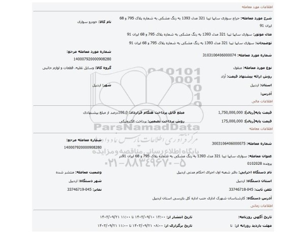 مزایده، سواری سایپا تیبا 321 مدل 1393 به رنگ مشکی به شماره پلاک 795 و 68 ایران 91