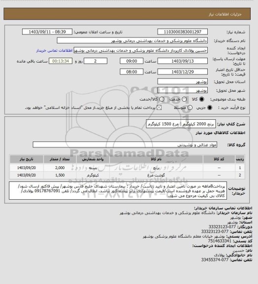 استعلام برنج 2000 کیلوگرم | مرغ 1500 کیلوگرم