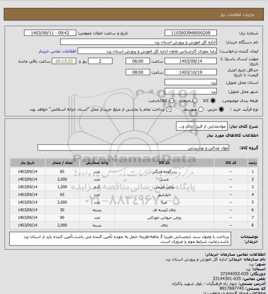 استعلام موادغذایی از قبیل:چای و...