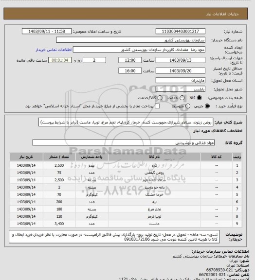 استعلام روغن زیتون، سالاد شیرازی،جوپوست کنده، خرما، کره،لپه، تخم مرغ، لوبیا، ماست (برابر با شرایط پیوست)