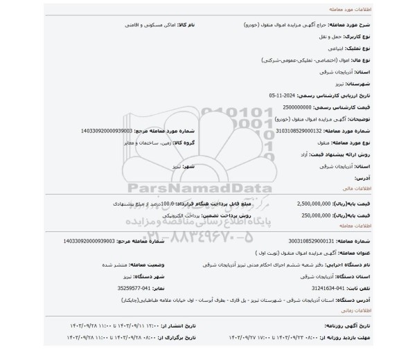 مزایده، آگهـی مـزایده امـوال منقول (خودرو)