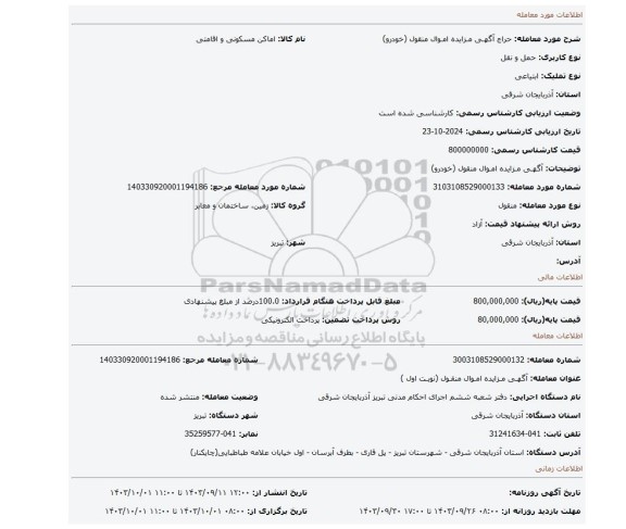 مزایده، آگهـی مـزایده امـوال منقول (خودرو)