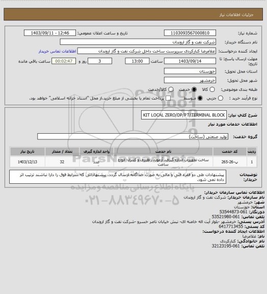 استعلام KIT LOCAL ZERO/DP/PT/TERMINAL BLOCK