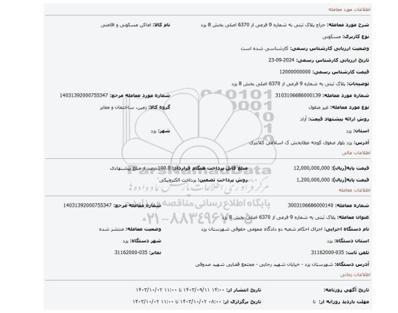 مزایده، پلاک ثبتی به شماره 9 فرعی از 6370 اصلی بخش 8 یزد