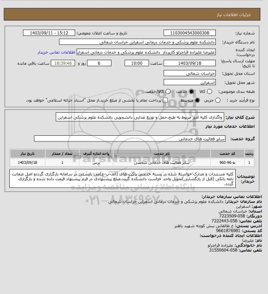 استعلام واگذاری کلیه امور مربوط به طبخ،حمل و توزیع غذایی دانشجویی دانشکده علوم پزشکی اسفراین