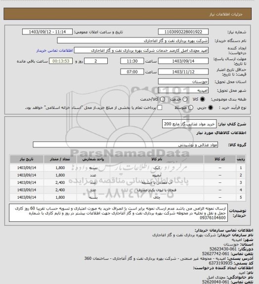 استعلام خرید مواد غذایی گاز مایع 200