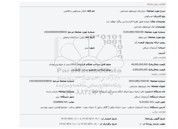 مزایده، مال غیرمنقول مشاعی