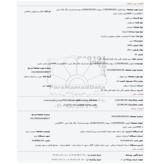 مزایده، فروش 1/250/993/625 سهم از 6/383/333/333 سهم مشاع یک دانگ پلاک ثبتی 2011فرعی از 4094اصلی بخش 1تبریز