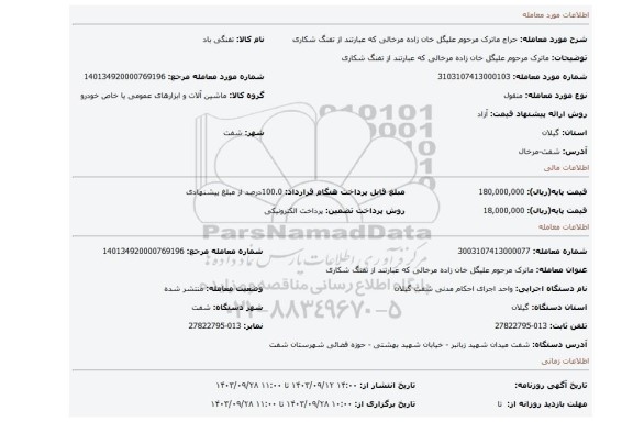 مزایده، ماترک مرحوم علیگل خان زاده مرخالی که عبارتند از تفنگ شکاری