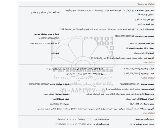 مزایده، فروش ملک قولنامه ای به آدرس: تبریز-خیابان سرباز شهید-خیابان اصولی-کوچه اکرامی اول-پلاک104