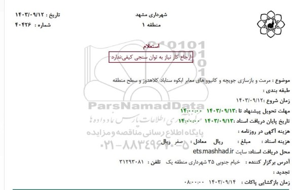 استعلام مرمت و بازسازی جویچه و کانیووهای معابر ابکوه ...