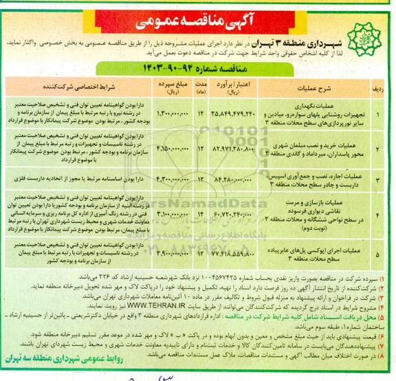 مناقصه عملیات نگهداری تجهیزات روشنایی پلهای سواره رو....