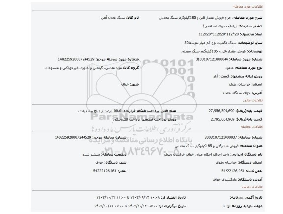 مزایده، فروش مقدار 6تن و 185گیلوگرم سنگ معدنی