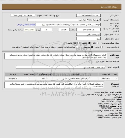 استعلام اجاره دو دستگاه گریدر برفروب جهت برفروبی سطح منطقه بارعایت شرایط وسقف قیمت اعلامی ازسوی سازمان پسماند بمدت4ماه طبق نامه پیوستی