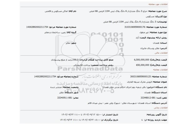 مزایده، 3 دانگ مشاع از 6 دانگ پلاک ثبتی 1104 فرعی 66 اصلی