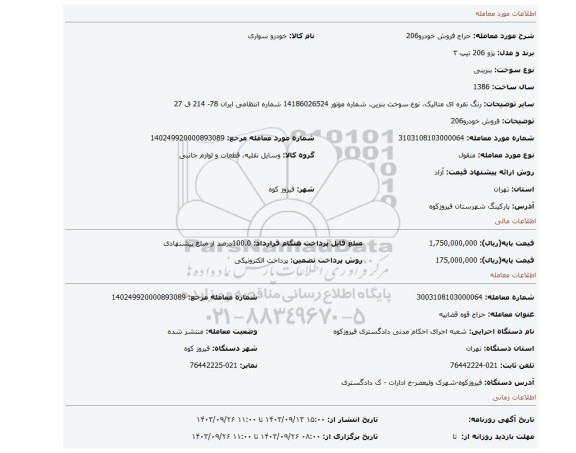 مزایده، فروش خودرو206