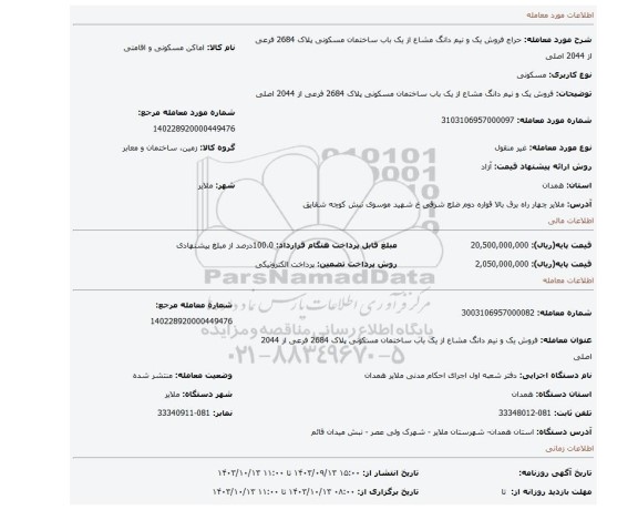 مزایده، فروش یک و نیم دانگ مشاع از یک باب ساختمان مسکونی پلاک 2684 فرعی از 2044  اصلی