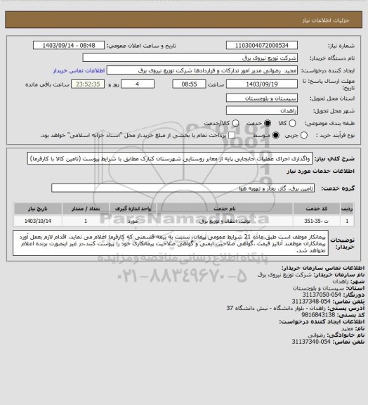 استعلام واگذاری اجرای عملیات جابجایی پایه از معابر روستایی شهرستان کنارک مطابق با شرایط پیوست (تامین کالا با کارفرما)