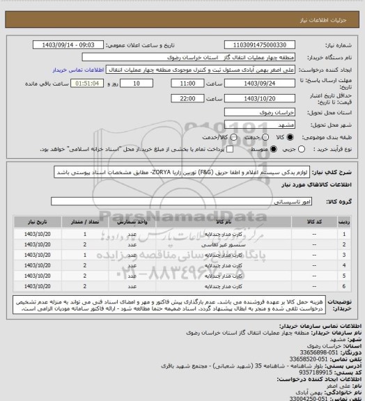 استعلام لوازم یدکی سیستم اعلام و اطفا حریق (F&G) توربین زاریا  ZORYA- مطابق مشخصات اسناد پیوستی باشد