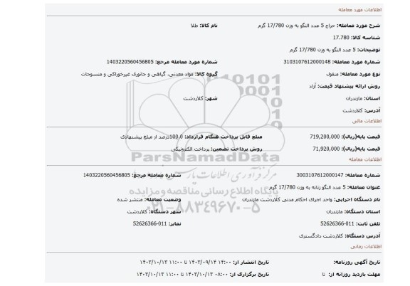 مزایده، 5 عدد النگو به وزن 17/780 گرم