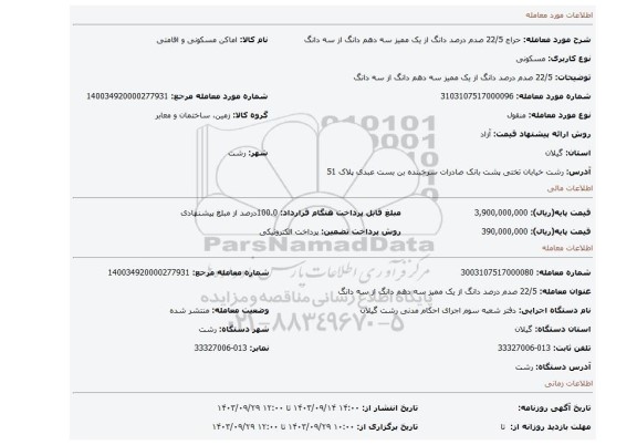 مزایده، 22/5 صدم درصد دانگ از یک ممیز سه دهم دانگ از سه دانگ