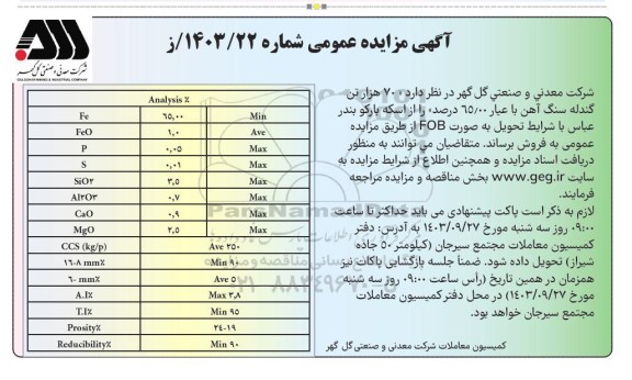 مزایده عمومی فروش 70 هزار تن گندله سنگ آهن با عیار 65.00 درصد 