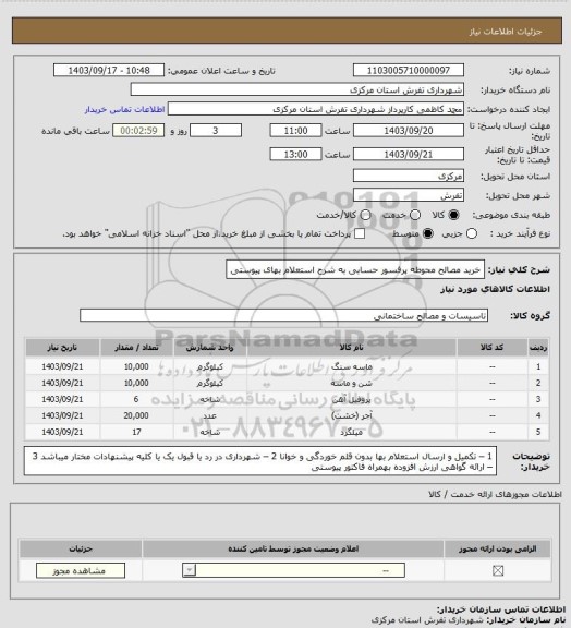 استعلام خرید مصالح محوطه پرفسور حسابی به شرح استعلام بهای پیوستی