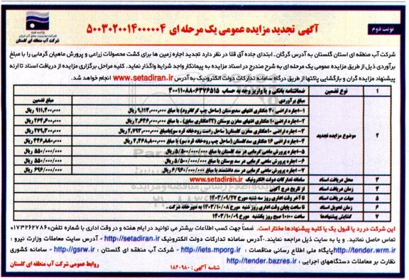 تجدید مزایده اجاره زمین ها برای کشت محصولات زراعی و پرورش ماهیان گرمابی- نوبت دوم