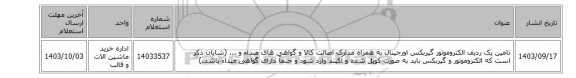 تامین یک ردیف الکتروموتور گیربکس اورجینال به همراه مدارک اصالت کالا و گواهی های مبداء و ... (شایان ذکر است که الکتروموتور و گیربکس باید به صورت کوپل شده و آکبند وارد شود و حتمآ دارای گواهی مبداء باشد.)