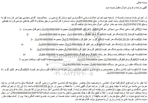 مزایده فروش تعداد 22گالن کود ماهی شنگ سی اسپلاش و...