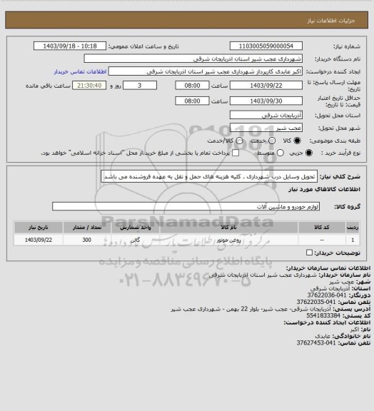 استعلام تحویل وسایل درب شهرداری .
کلیه هزینه های حمل و نقل به عهده فروشنده می باشد