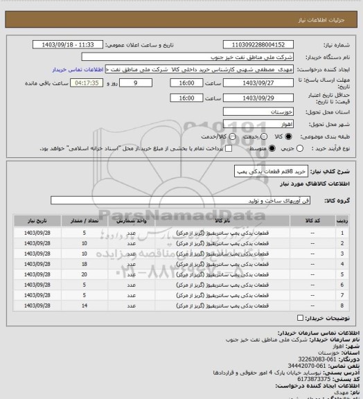 استعلام خرید 8قلم قطعات یدکی پمپ