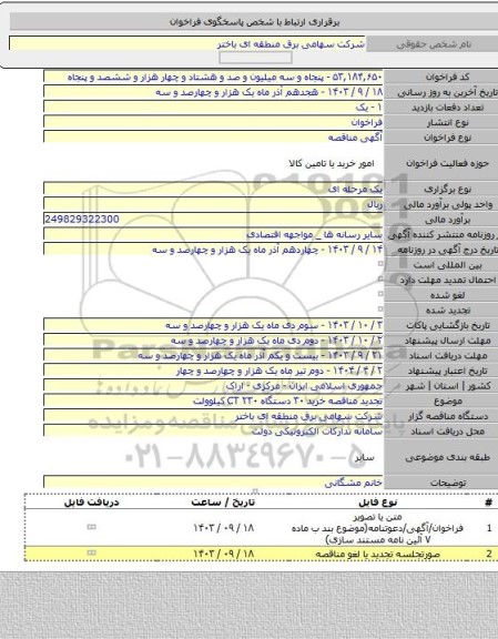 مناقصه, تجدید مناقصه خرید ۳۰ دستگاه  CT ۲۳۰ کیلوولت