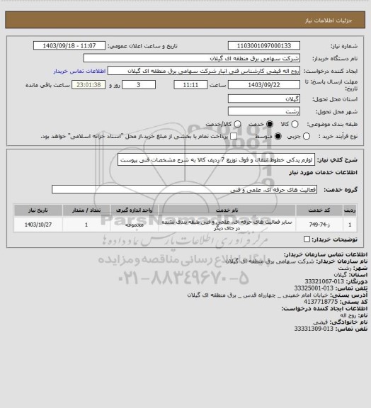 استعلام لوازم یدکی خطوط انتقال و فوق توزیع 7 ردیف کالا به شرح مشخصات فنی پیوست