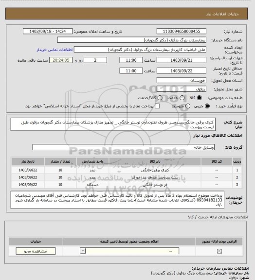 استعلام کتری برقی خانگی،سرویس ظروف تفلون،آون توستر خانگی _ تجهیز منازل پزشکان بیمارستان دکتر گنجویان دزفول طبق لیست پیوست