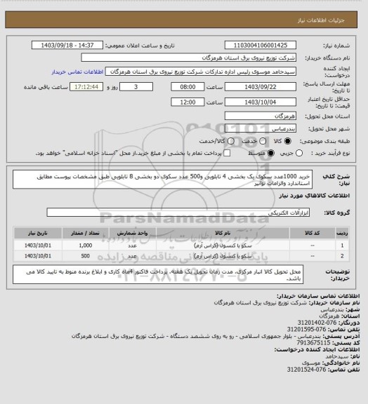 استعلام خرید 1000عدد سکوی یک بخشی 4 تابلویی و500 عدد سکوی دو بخشی 8 تابلویی طبق مشخصات پیوست مطابق استاندارد والزامات توانیر