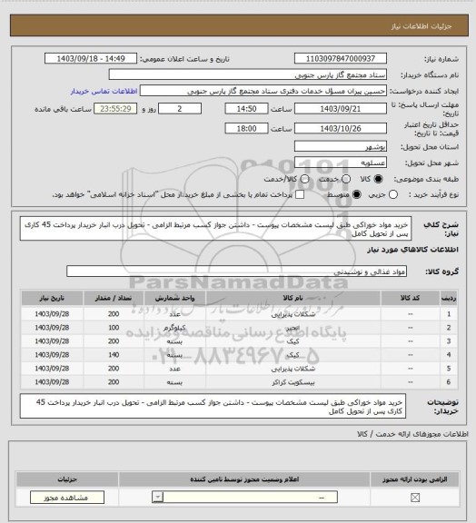 استعلام خرید مواد خوراکی طبق لیست مشخصات پیوست - داشتن جواز کسب مرتبط الزامی - تحویل درب انبار خریدار پرداخت 45 کاری پس از تحویل کامل