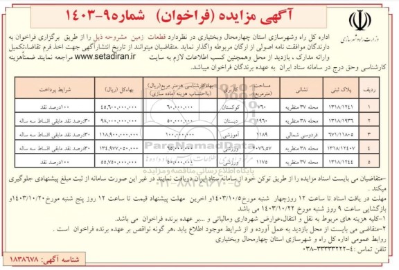 مزایده واگذاری  قطعات زمین با کاربری کودکستان و ...