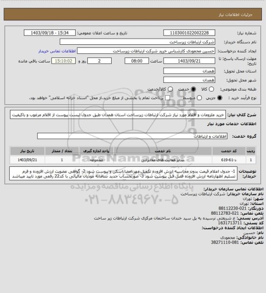 استعلام خرید ملزومات و اقلام مورد نیاز شرکت ارتباطات زیرساخت استان همدان  طبق جدول لیست پیوست از اقلام مرغوب و باکیفیت