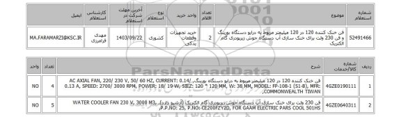 استعلام فن خنک کننده 120 در 120 میلیمتر مربوط به درایو دستگاه بورینگ و فن 230 ولت برای خنک سازی آب دستگاه جوش زیرپودری گام الکتریک