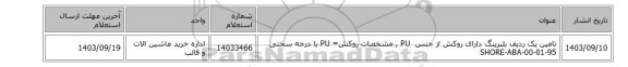 تامین یک ردیف بلبرینگ دارای روکش از جنس PU ‎ , مشخصات روکش= PU با درجه سختی 95-SHORE-ABA-00-01