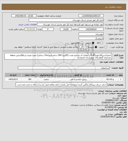 استعلام اجاره1دستگاه لودر(120) یا معادل آن باراننده بمدت (30روز)  300 ساعت(روزانه10 ساعت) جهت  مرمت و راهگشایی منطقه عشایری گرهشکان شهرستان اندیمشک