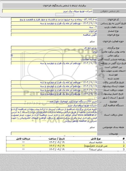 مناقصه, خرید ۴۴۶ دستگاه انواع کلید اتوماتیک هوشمند