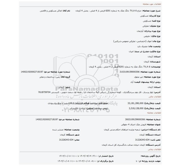 مزایده، TV,A 6 دانگ ملک به شماره 6201 فرعی از 4 اصلی ، بخش 4 کرمان