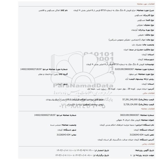 مزایده، فروش 6 دانگ ملک به شماره 8710 فرعی از 6 اصلی بخش 4 کرمان